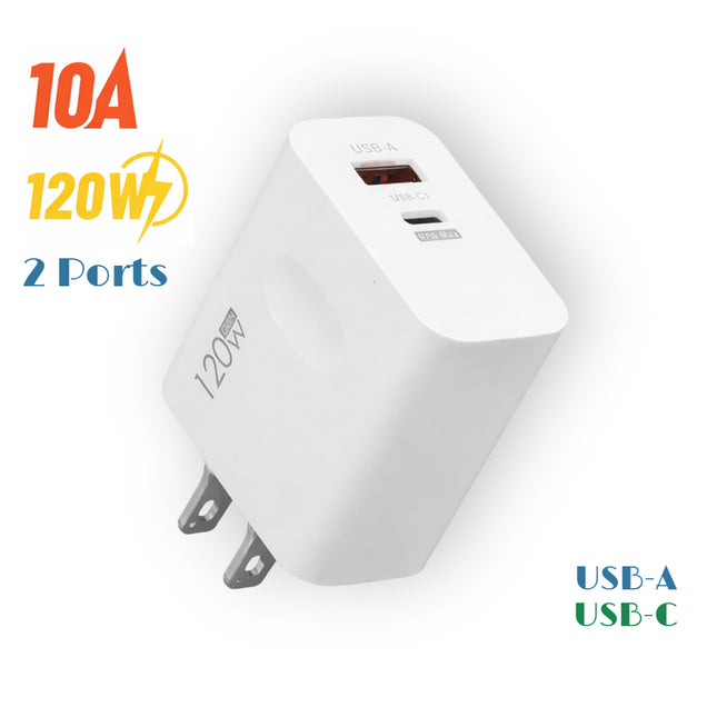 Chargeur Mural Rapide 120W 2 en 1 – Double Port USB-A et USB-C PD – Bloc d’Alimentation Universel pour iPhone, Samsung, Xiaomi, Redmi – Prise US
