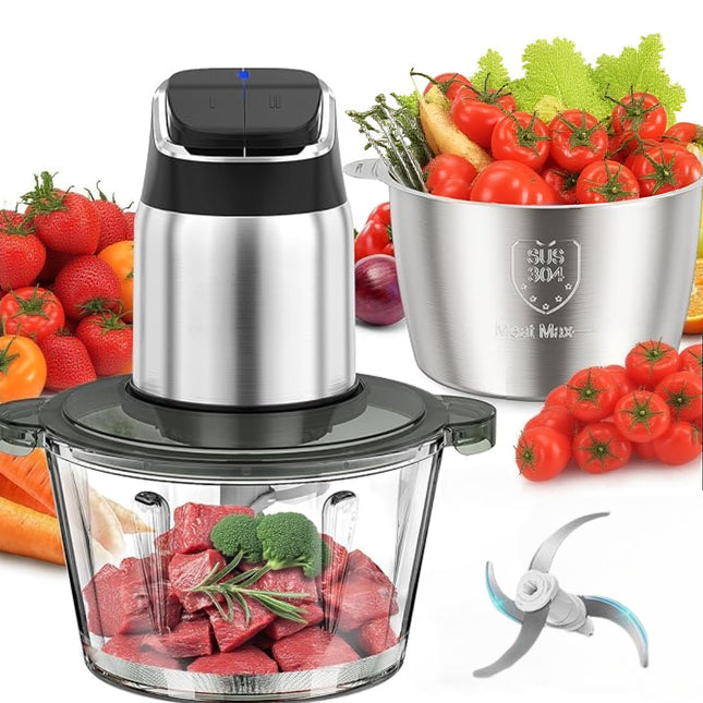 Robot Culinaire 450W avec Moteur Cuivre – Hachoir Électrique 2 Bols (8 Tasses + 8 Tasses) avec Lames Bi-Niveaux pour Viande, Fruits, Noix et Légumes – 2 Vitesses avec Sécurité Enfant