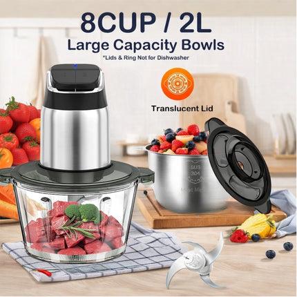 450W Food Processor with Copper Motor – Electric Chopper with 2 Bowls (8 Cups + 8 Cups) and Dual-Level Blades for Meat, Fruits, Nuts, and Vegetables – 2 Speeds with Child Safety Lock