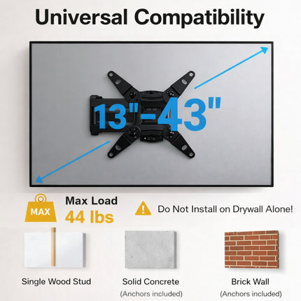 Support Mural Articulé Full Motion pour TV 13-42 Pouces – Compatible VESA 200x200mm – Rotation, Inclinaison et Extension – Charge Maximale 20 kg – Acier Allié – Modèle PISF1