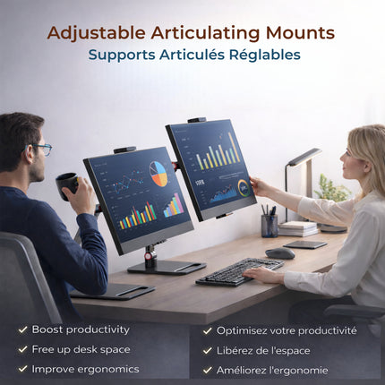 Support de Bureau pour Écran Portable  – Bras d’écran unique réglable en métal 3 sections, fixation par serrage sans outil pour bureau, maison ou gaming