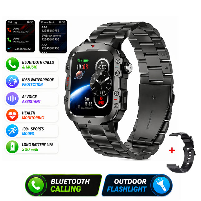 Montre Connectée Militaire Homme 2026 – IP67 3ATM – GPS – Bluetooth 5.0 – Capteur Fréquence Cardiaque, Tension Artérielle, SpO2 – Écran HD 1,44/2,01 pouces – Autonomie 5-10 jours – Certifiée CE/FCC/RoHS