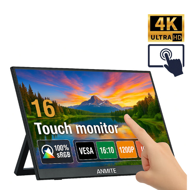 Écran Tactile Portable ANMITE 16 Pouces 1200P HDR – Moniteur Gaming pour PC, Xbox, PS5, Switch et Smartphone – IPS 16:10 – FreeSync Pro – Haut-Parleurs Intégrés – Design Ultra-Fin et Anti-Reflets