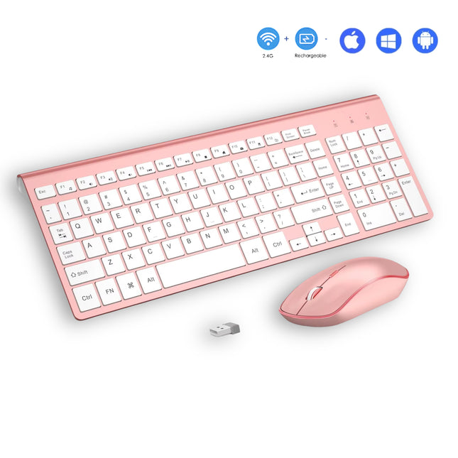 Clavier et Souris Sans Fil 2.4G – Ensemble Portable Full Size avec Pavé Numérique et Souris 2400 DPI – Design Ergonomique Rose pour PC, Ordinateur, Laptop et Gaming