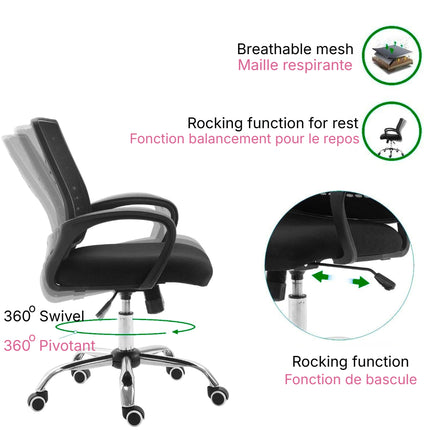 Fauteuil de Bureau Ergonomique BestOffice - Chaise de Bureau avec Support Lombaire, Dossier Mesh et Roulettes - Pour Mal de Dos - Certifiée BIFIMA - Réglable (Noir) Livraison Rapide