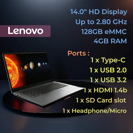 Lenovo 14" HD - Intel Celeron, 4GB RAM, 128GB - Ordinateur Portable Débutant & Étudiant (Windows 11 S) - Gris