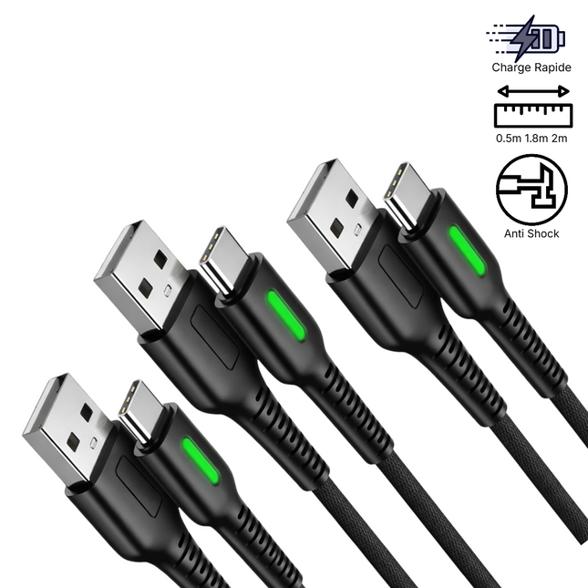 Pack de 3 Câbles USB-A vers USB-C Heavy Duty - Charge Rapide QC 3.0, Tressés Nylon Ultra Résistants, 3 Longueurs (0.5m + 2m + 2m) pour iPhone 17/16, Samsung S25/S24, MacBook