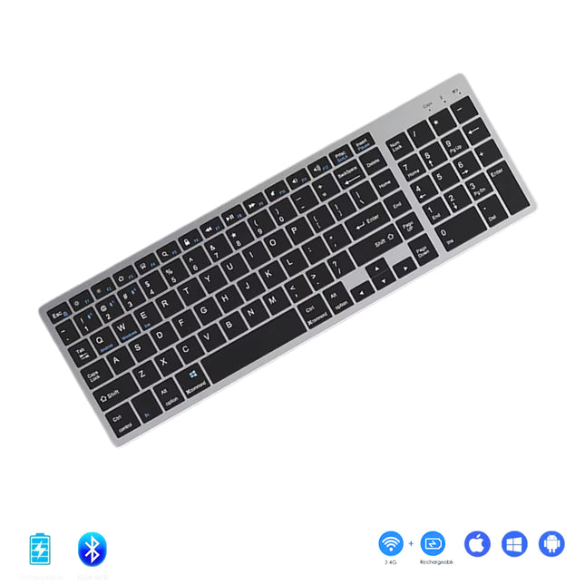 Clavier Sans Fil Bluetooth 5.0 & 2.4G – Mini Clavier Multimédia 102 Touches Ergonomique Compatible PC, Laptop, MacBook, iPad & Android