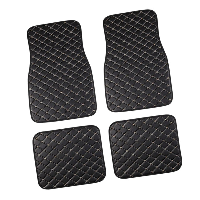Tapis de Sol Automobile en Cuir PU – Lot 4 Pièces (2 Avant + 2 Arrière) – Universel Étanche – Antidérapant, Anti-Poussière, Ignifugé – Tous Temps – Accessoires Intérieurs Haut de Gamme – Noir avec Lignes (Bleu/Doré/Rouge/Noir)